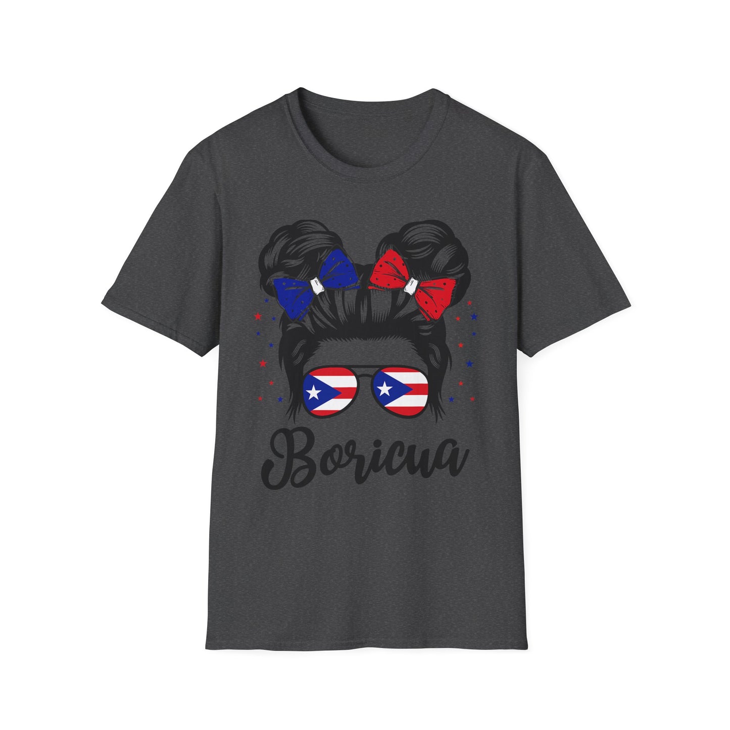 Boricua Messy Bun T-Shirt — Puerto Rican Flag Hair Bows & Sunglasses Pride Tee