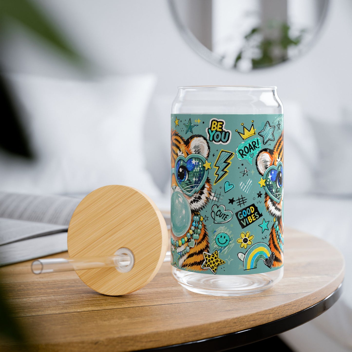 16oz Sipper Glass with Playful Tiger Design — 'Be You' Bubblegum Tumbler with Straw Glass Cup with Straw -