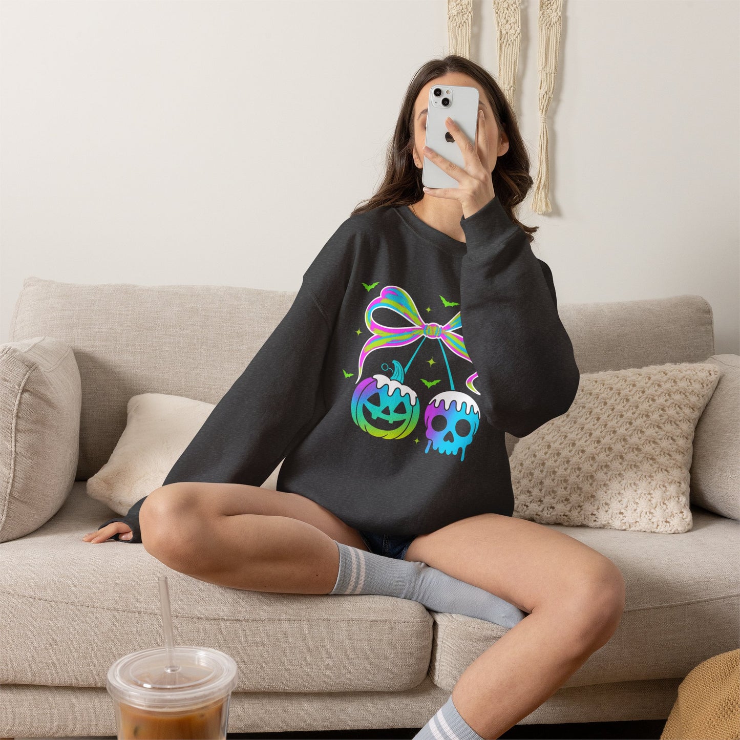 Halloween Candy Bow Sweatshirt — Neon Pumpkin & Skull Graphic- Halloween shirt - halloween sweater - halloween costume - gifts for halloween - halloween shirt