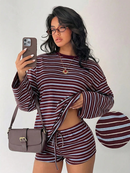 Aloruh Women'S Casual Blue and White Stripe Top and Shorts 2 Pieces Set Lounge Autumn Back-To-School Daytime