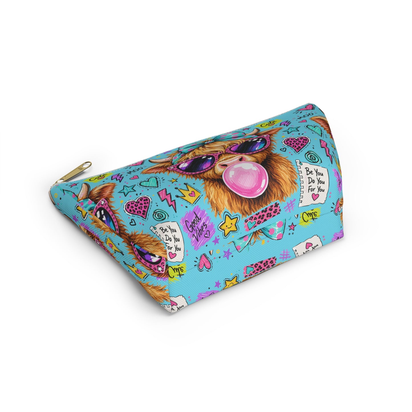 Cute Cow Bubblegum Accessory Pouch — Zippered T‑Bottom Makeup Bag