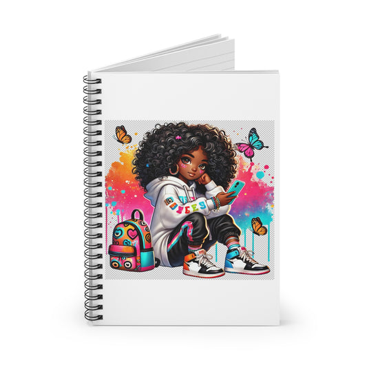 Spiral Notebook — Afro Girl with Butterfly Backpack — Cute Colorful Journal for Teens & Kids