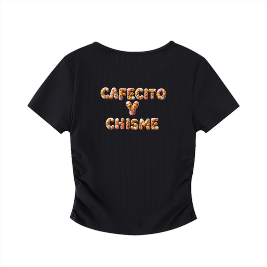 Cafecito y Chisme Ruched Crop Top – Latina Pan Dulce Graphic Tee