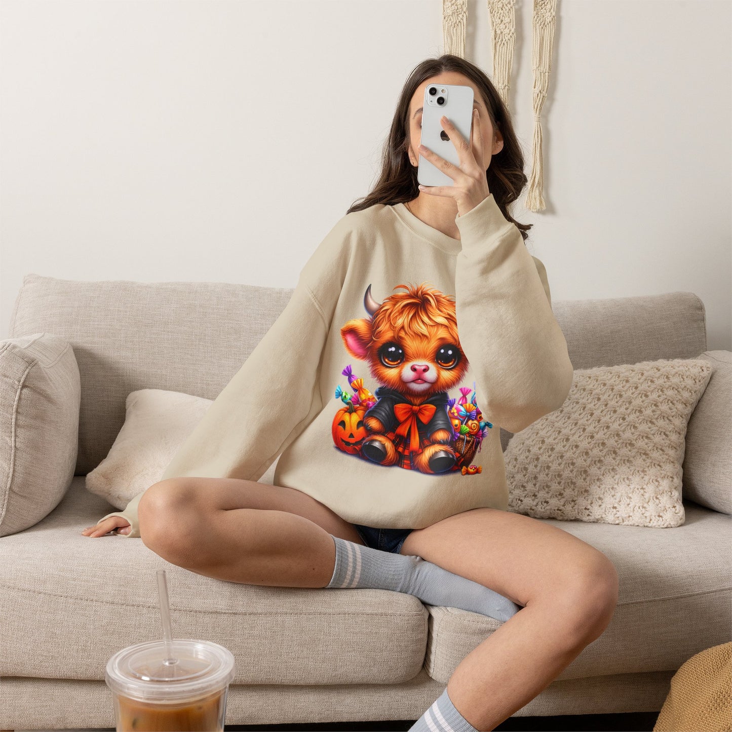 Halloween Highland Cow Sweatshirt — Cute Cow Pumpkin Candy Design - Halloween Sweatshirt - Cow Sweater - Halloween Costume