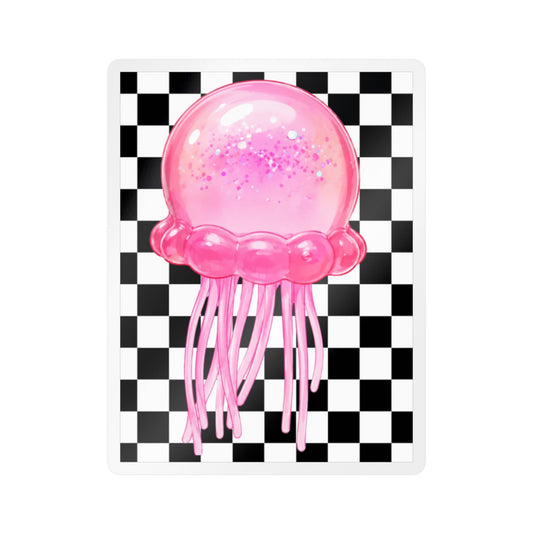 Pink Jellyfish Vinyl Sticker — Glitter Jelly on Black & White Checkered Background (Kiss-Cut Decal) - need stickers - kids squishy sticker