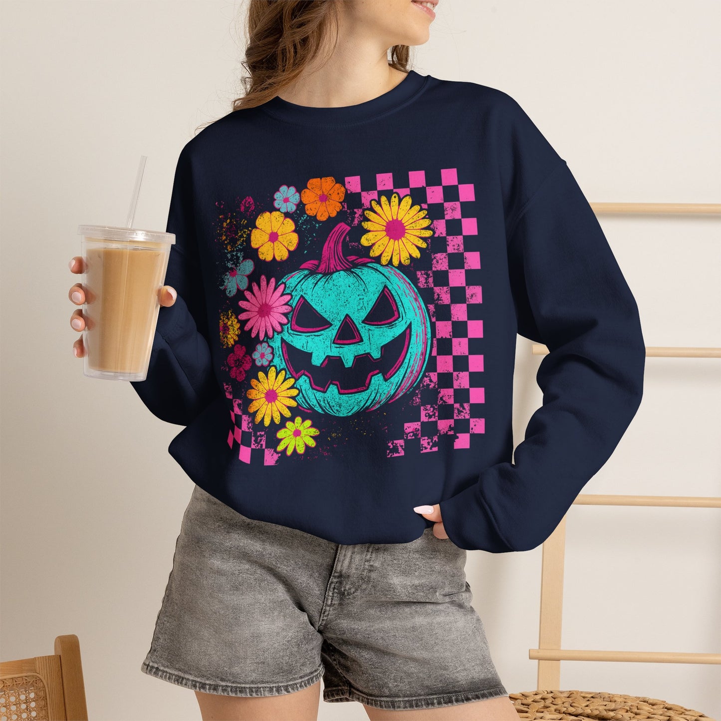 Halloween Pumpkin Crewneck Sweatshirt — Neon Jack-O'-Lantern & Floral Checkerboard - halloween sweatshirt - pumpkin sweatshirt - fall sweater - Halloween Sweater