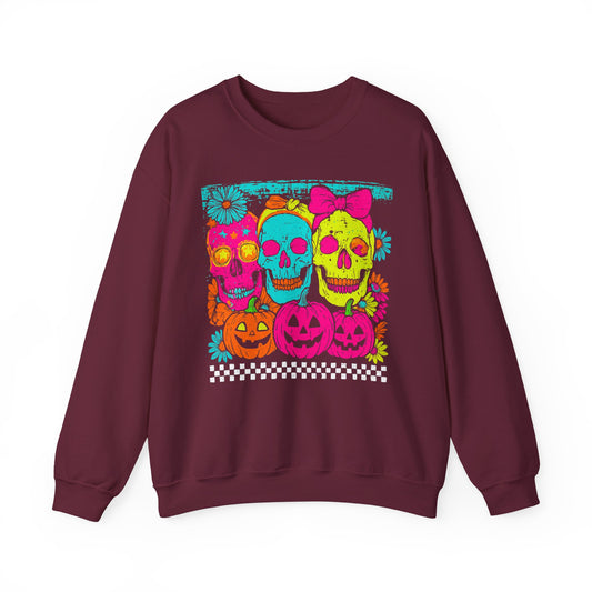 Neon Day of the Dead Sweatshirt — Colorful Skull & Pumpkin Halloween Crewneck - Halloween Sweater - Halloween Sweatshirts- Gifts for Mom