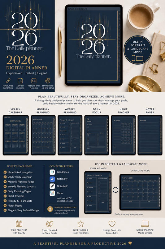 2026 Luxury Digital Planner | Navy Gold Hyperlinked Goodnotes iPad PDF