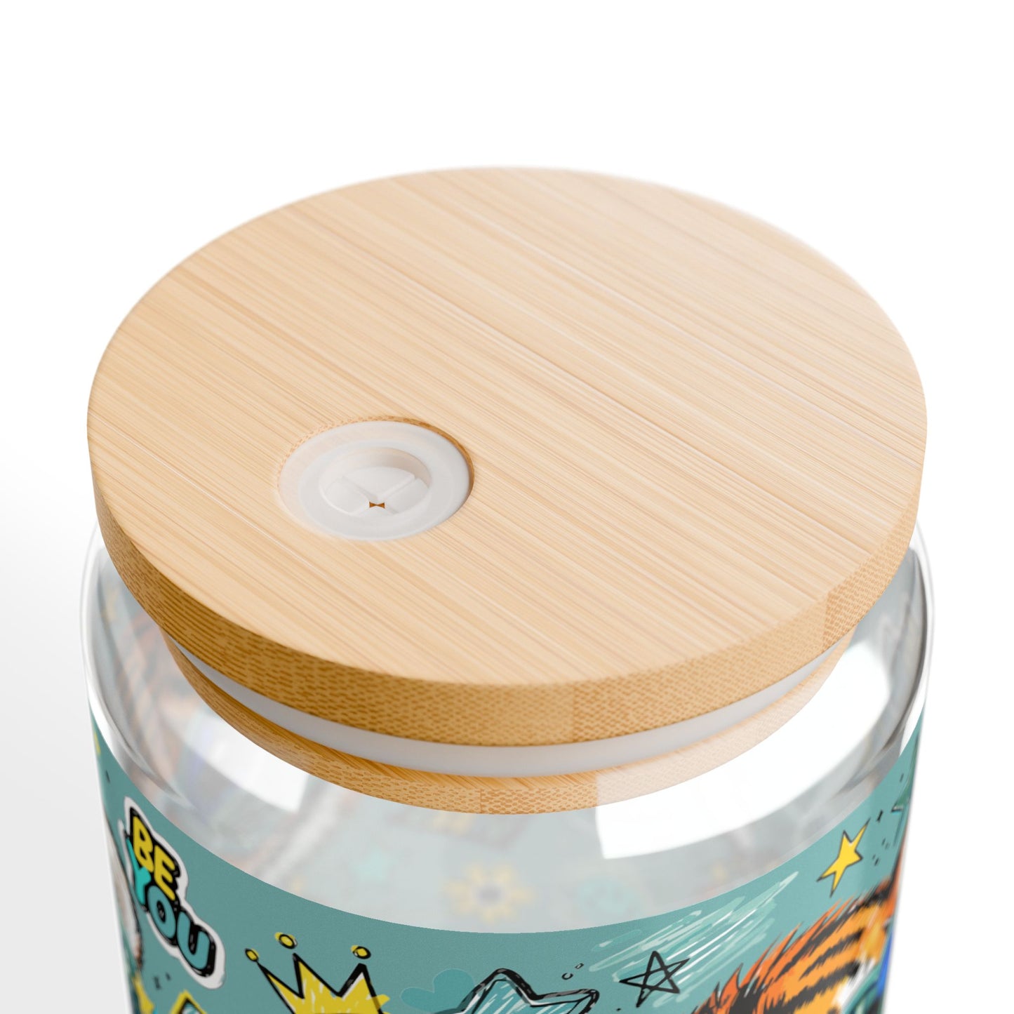 16oz Sipper Glass with Playful Tiger Design — 'Be You' Bubblegum Tumbler with Straw Glass Cup with Straw -