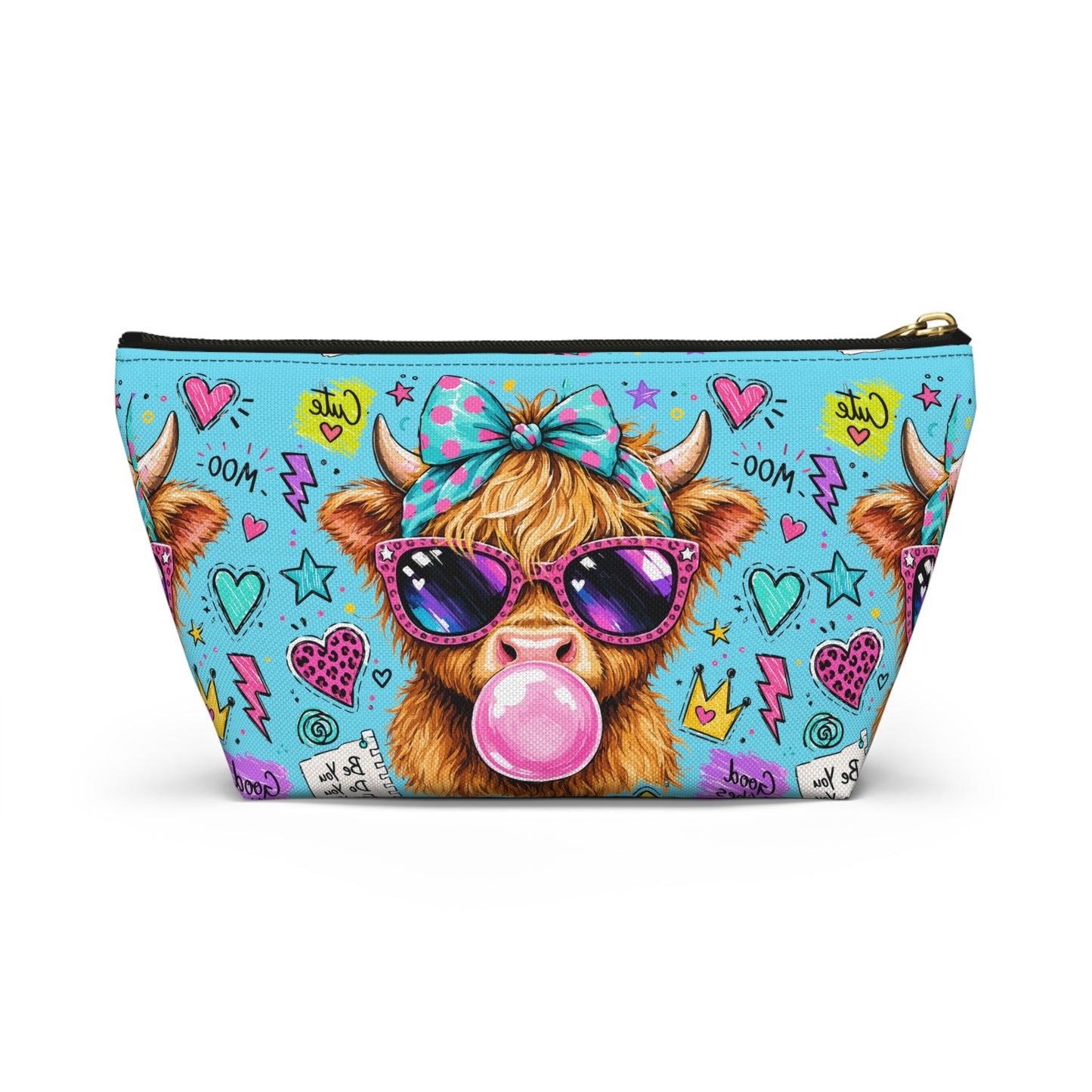 Cute Cow Bubblegum Accessory Pouch — Zippered T‑Bottom Makeup Bag