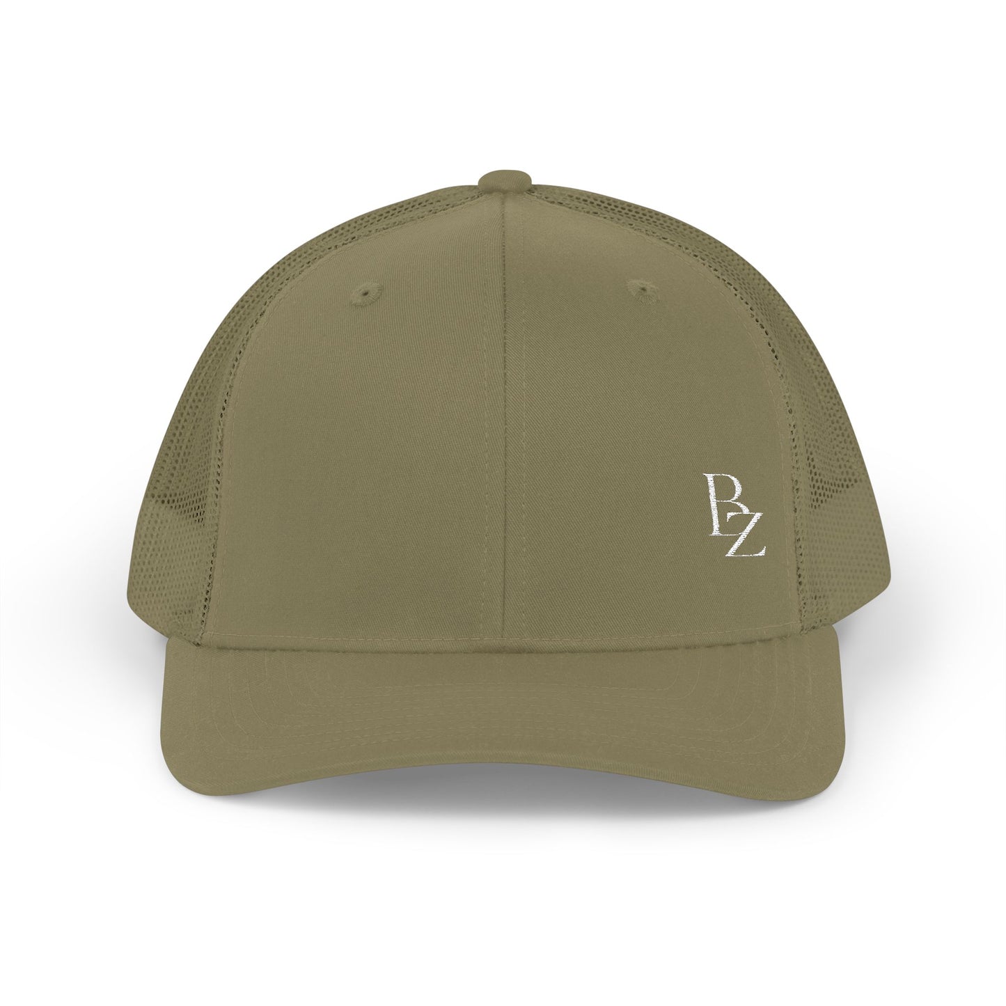 Embroidered 'BZ' Snapback Trucker Cap — Black Front White Mesh Hat