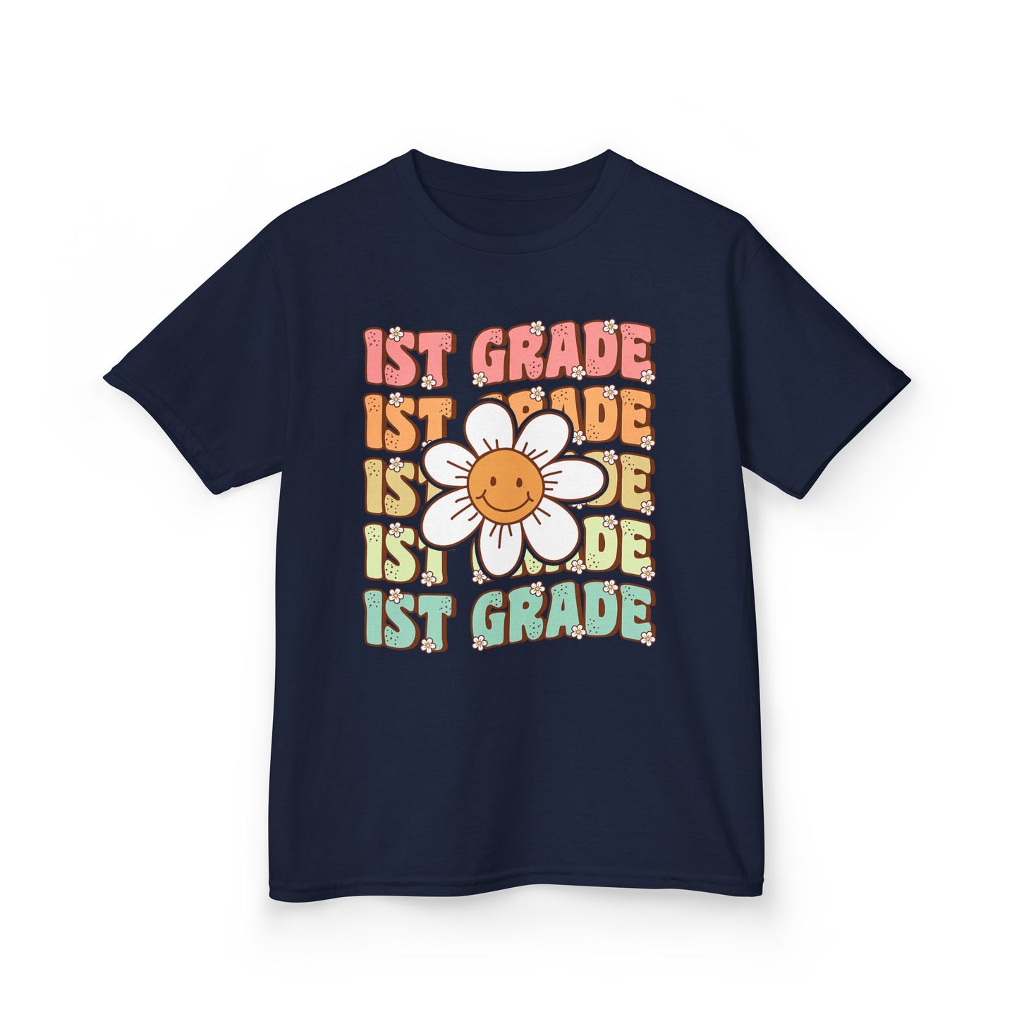 1st Grade Kids T‑Shirt — Cute Smiley Daisy Back-to-School Tee
