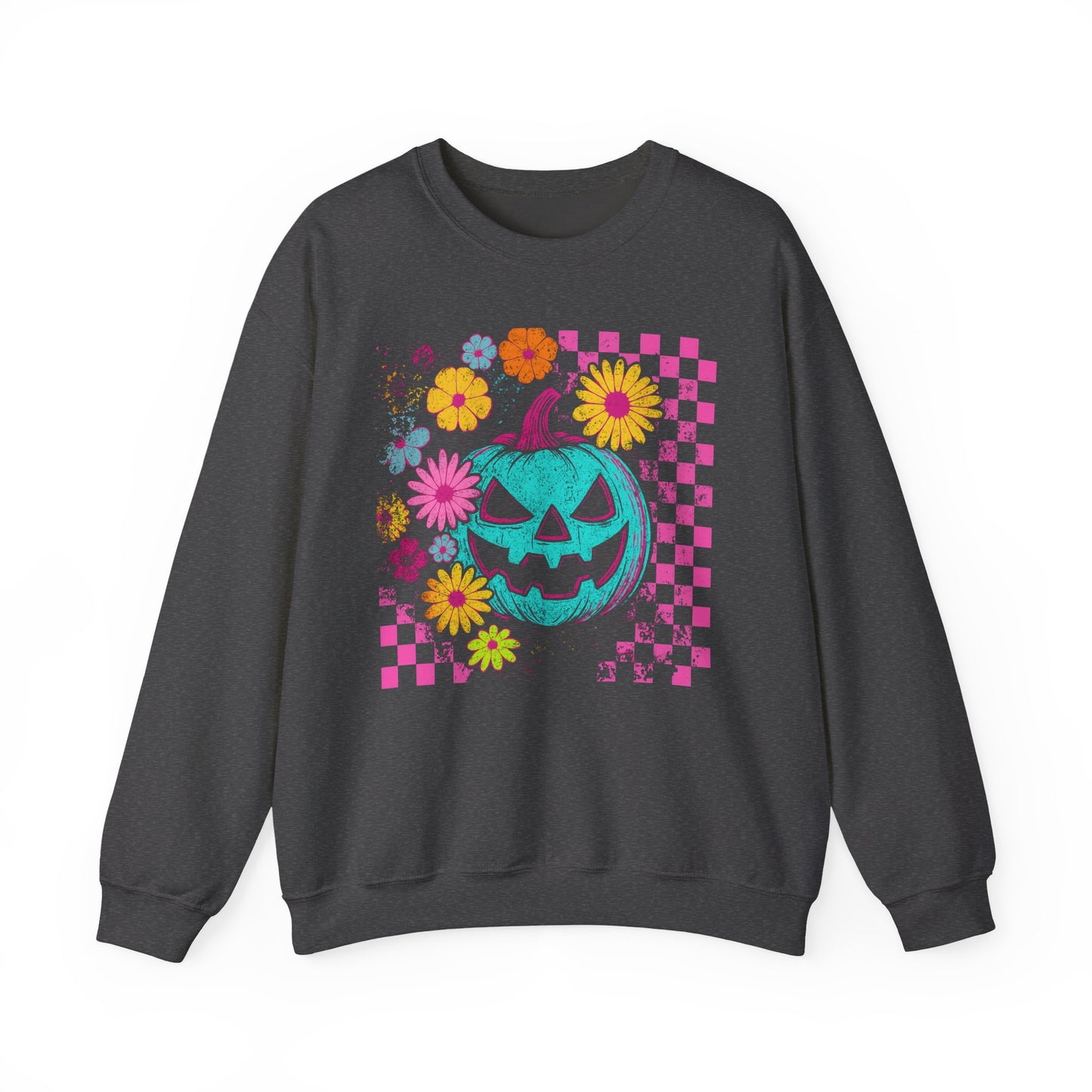 Halloween Pumpkin Crewneck Sweatshirt — Neon Jack-O'-Lantern & Floral Checkerboard - halloween sweatshirt - pumpkin sweatshirt - fall sweater - Halloween Sweater