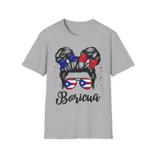 Boricua Messy Bun T-Shirt — Puerto Rican Flag Hair Bows & Sunglasses Pride Tee