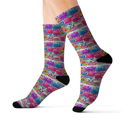 Retro Candy Pop Sublimation Socks — Colorful 90s Neon Pattern Crew Socks
