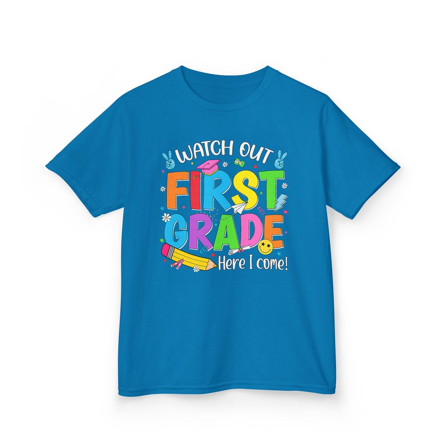 First Grade Kids T‑Shirt — "Watch Out First Grade Here I Come!" Back-to-School Tee