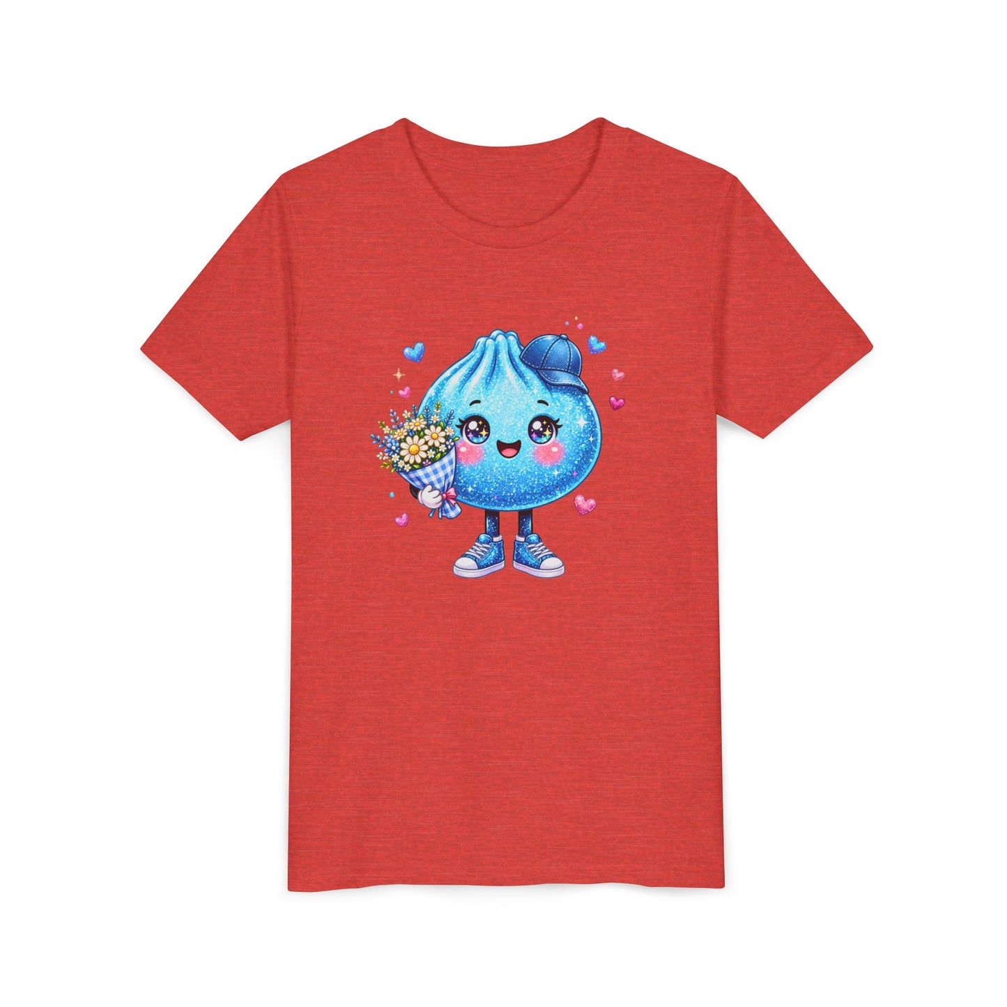 Cute Dumpling Kids Tee - Kawaii Blue Dumpling Holding Flowers Youth Shirt