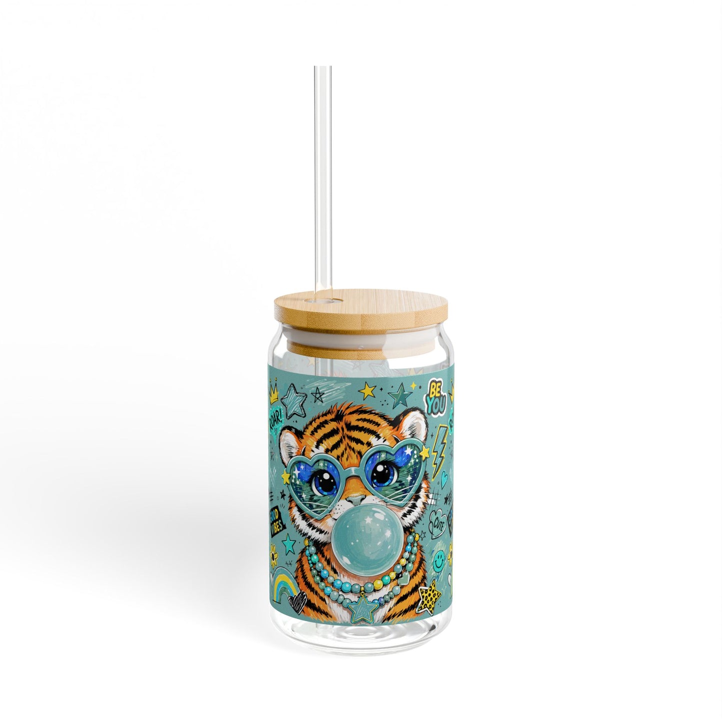 16oz Sipper Glass with Playful Tiger Design — 'Be You' Bubblegum Tumbler with Straw Glass Cup with Straw -