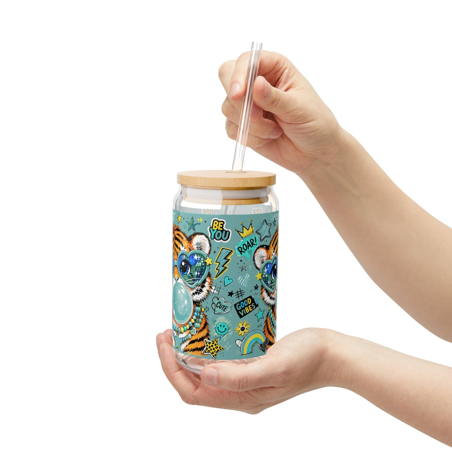 16oz Sipper Glass with Playful Tiger Design — 'Be You' Bubblegum Tumbler with Straw Glass Cup with Straw -