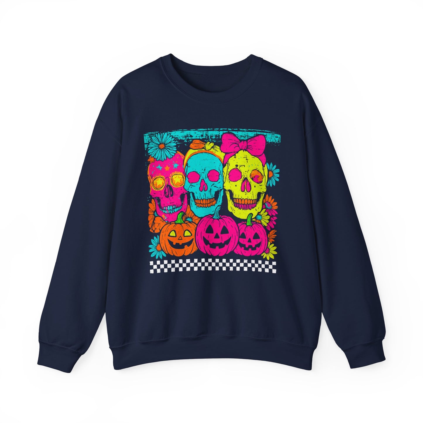 Neon Day of the Dead Sweatshirt — Colorful Skull & Pumpkin Halloween Crewneck - Halloween Sweater - Halloween Sweatshirts- Gifts for Mom