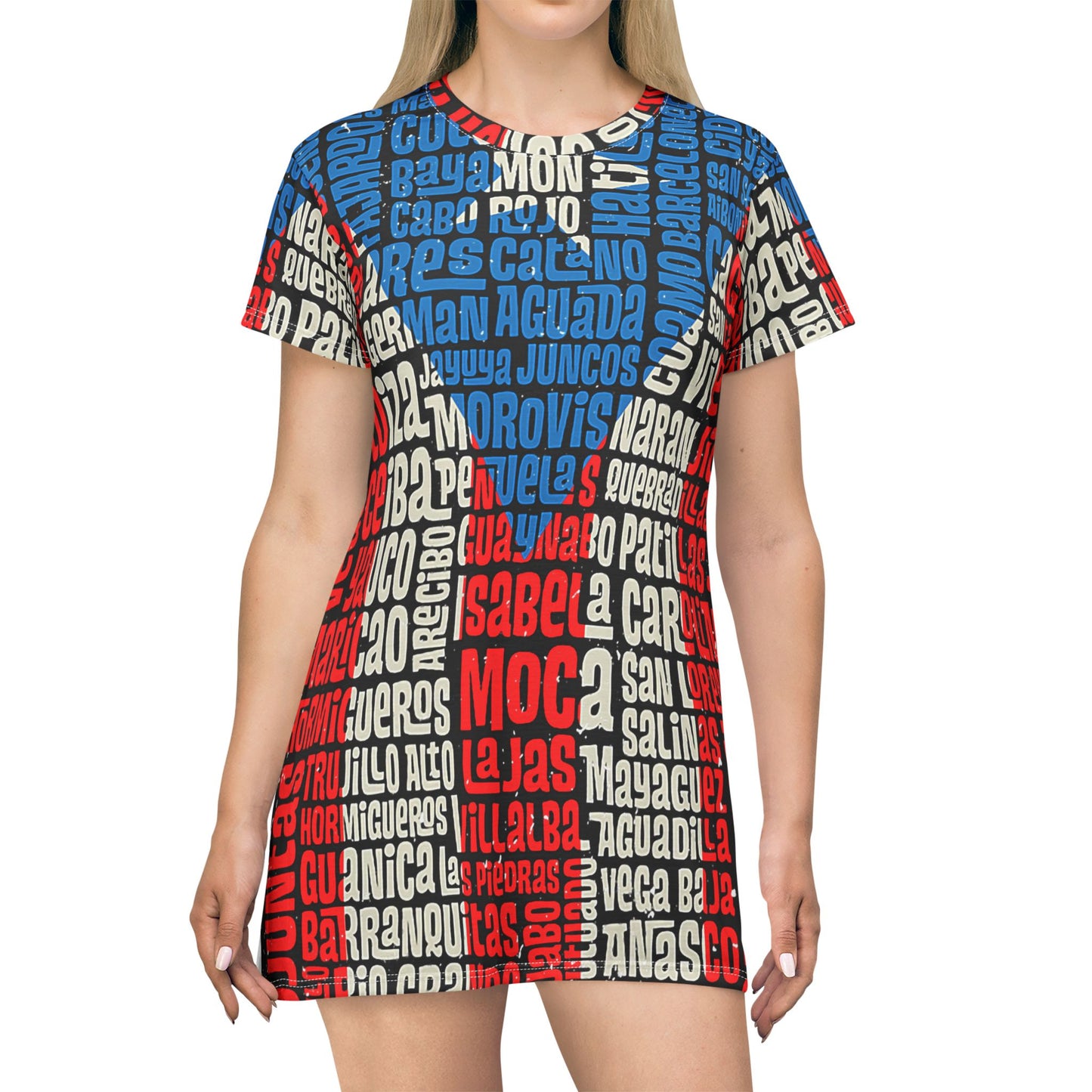 Puerto Rico Towns All-Over Print T-Shirt Dress — Red, White & Blue Typographic Design