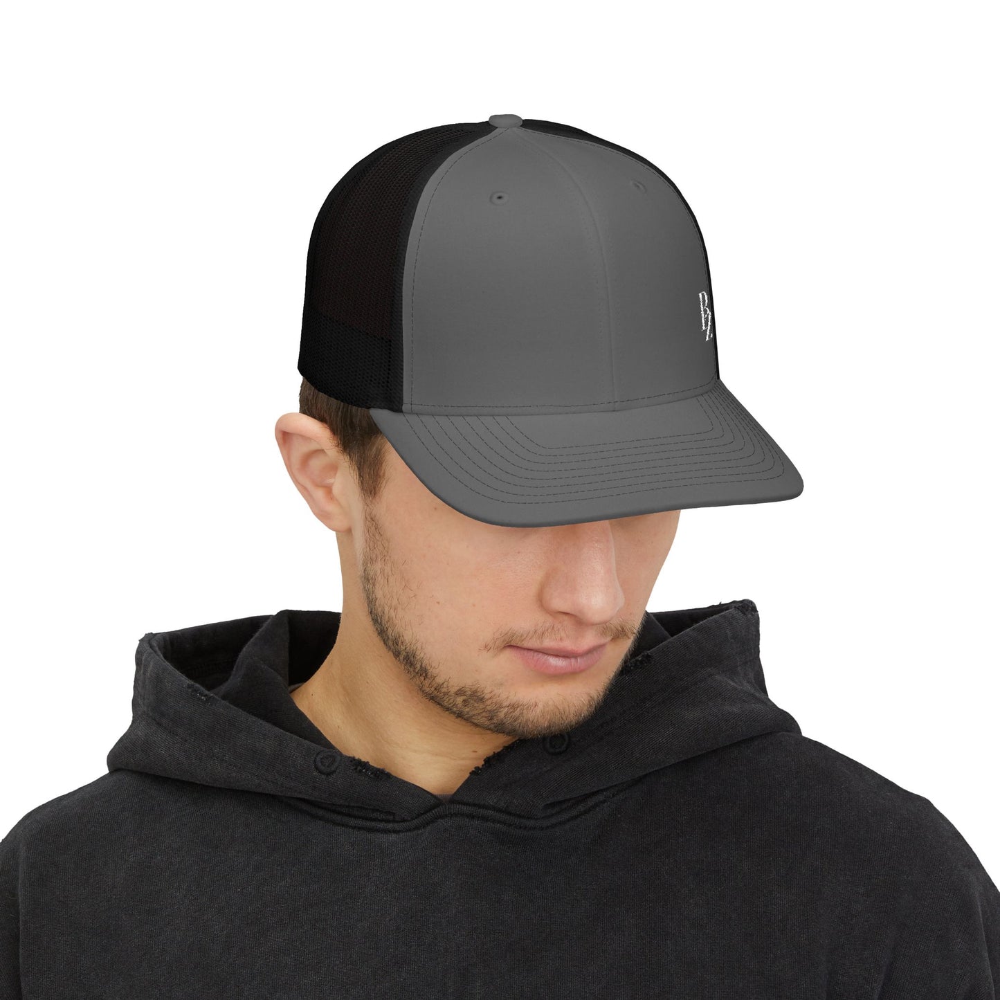 Embroidered 'BZ' Snapback Trucker Cap — Black Front White Mesh Hat