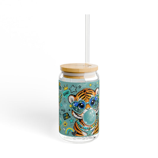 16oz Sipper Glass with Playful Tiger Design — 'Be You' Bubblegum Tumbler with Straw Glass Cup with Straw -