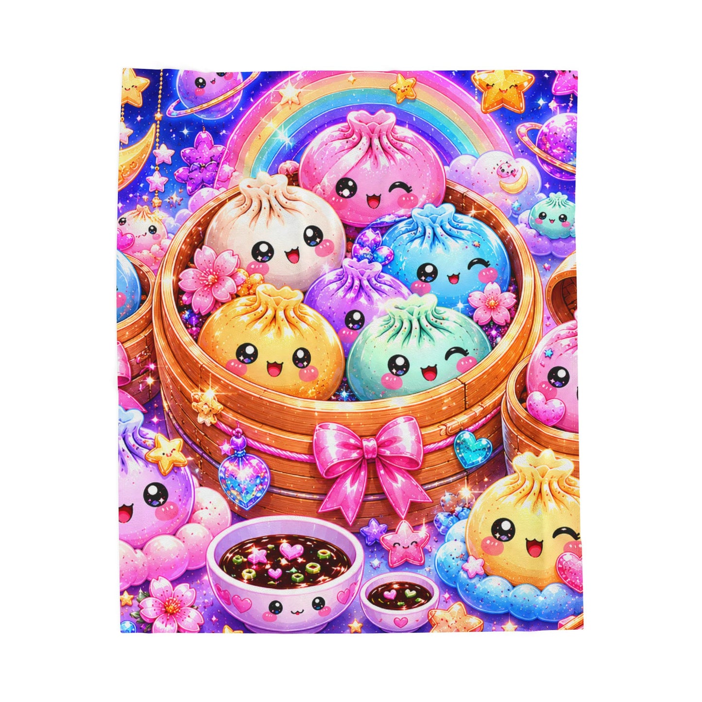 Kawaii Rainbow Dumplings Velveteen Plush Blanket — Cute Colorful Asian Food Cozy Throw