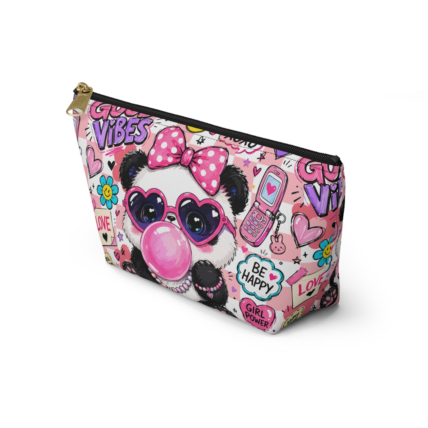 Cute Panda Bubblegum Accessory Pouch — Pink Heart Sunglasses Cosmetic Bag