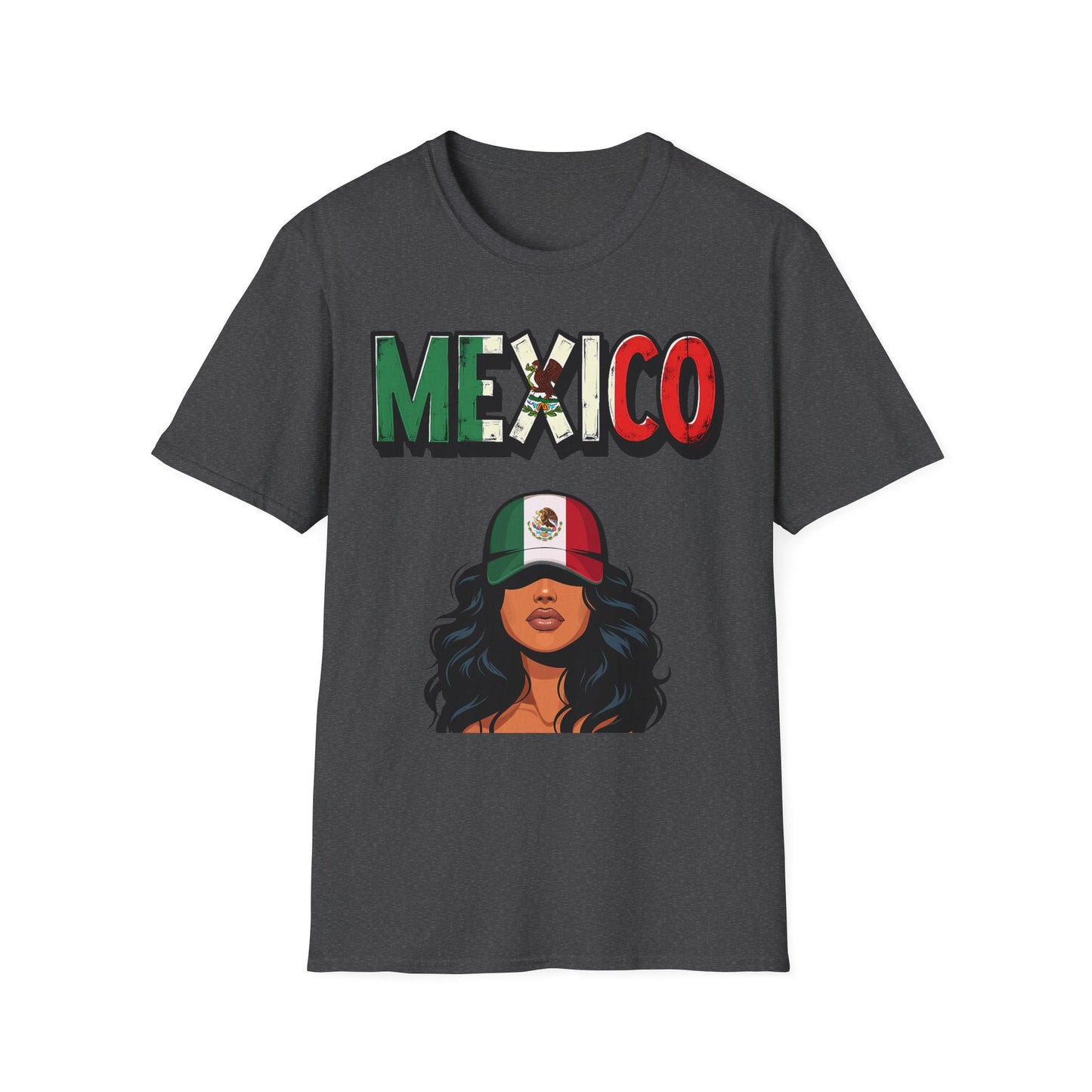 Mexico Flag Graphic T-Shirt — Patriotic Mexican Pride Tee (stylized text & woman with Mexico cap)