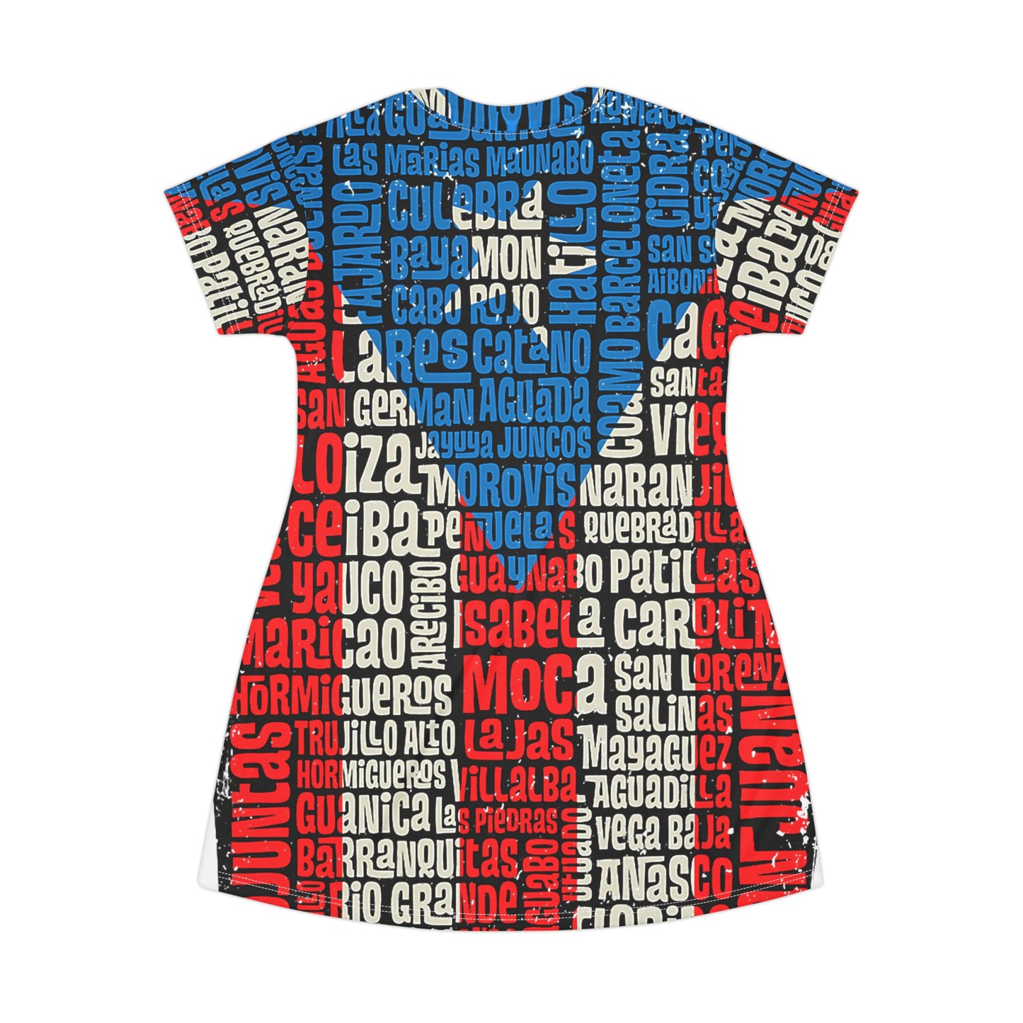 Puerto Rico Towns All-Over Print T-Shirt Dress — Red, White & Blue Typographic Design