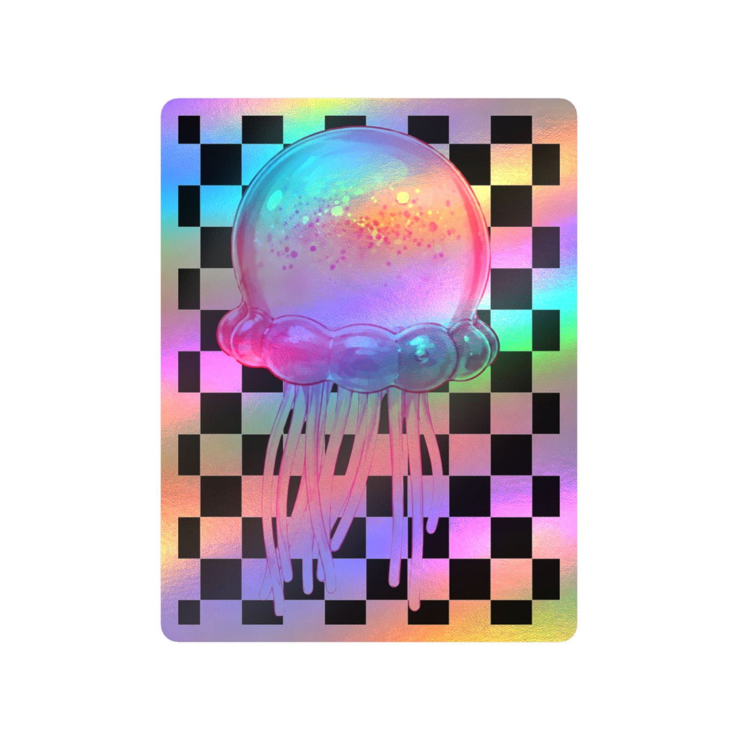 Pink Jellyfish Vinyl Sticker — Glitter Jelly on Black & White Checkered Background (Kiss-Cut Decal) - need stickers - kids squishy sticker