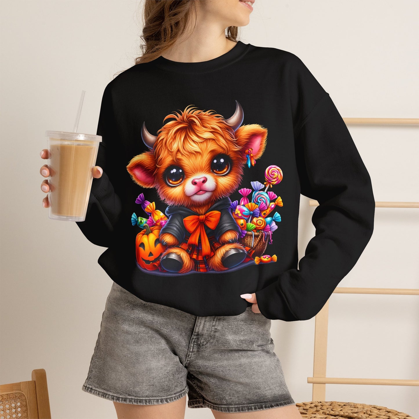Halloween Highland Cow Sweatshirt — Cute Cow Pumpkin Candy Design - Halloween Sweatshirt - Cow Sweater - Halloween Costume