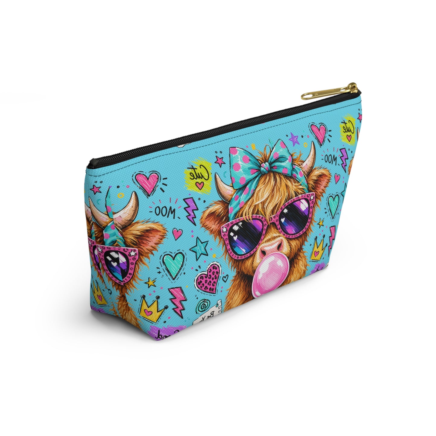 Cute Cow Bubblegum Accessory Pouch — Zippered T‑Bottom Makeup Bag