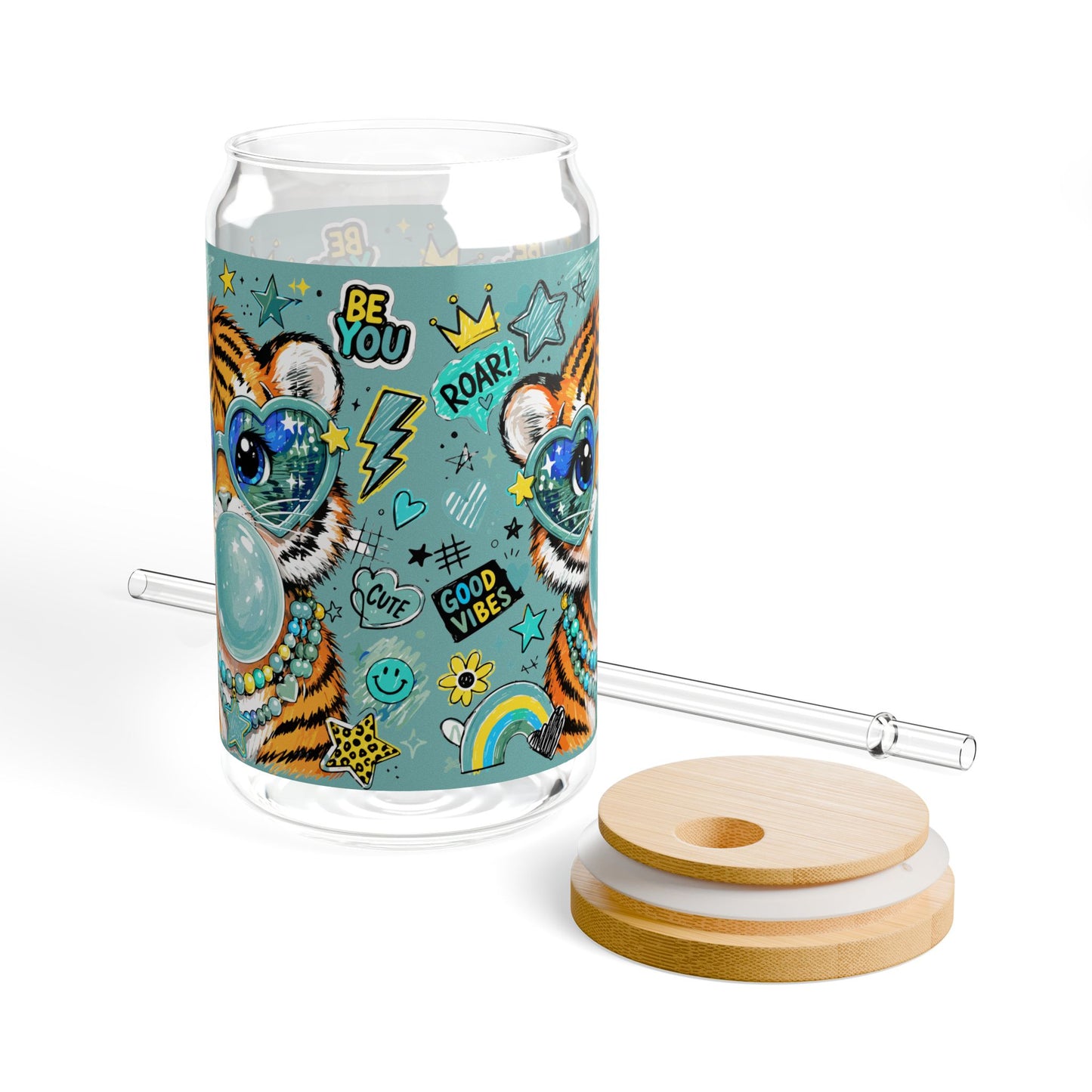 16oz Sipper Glass with Playful Tiger Design — 'Be You' Bubblegum Tumbler with Straw Glass Cup with Straw -