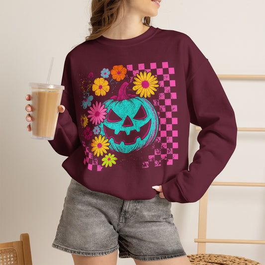 Halloween Pumpkin Crewneck Sweatshirt — Neon Jack-O'-Lantern & Floral Checkerboard - halloween sweatshirt - pumpkin sweatshirt - fall sweater - Halloween Sweater