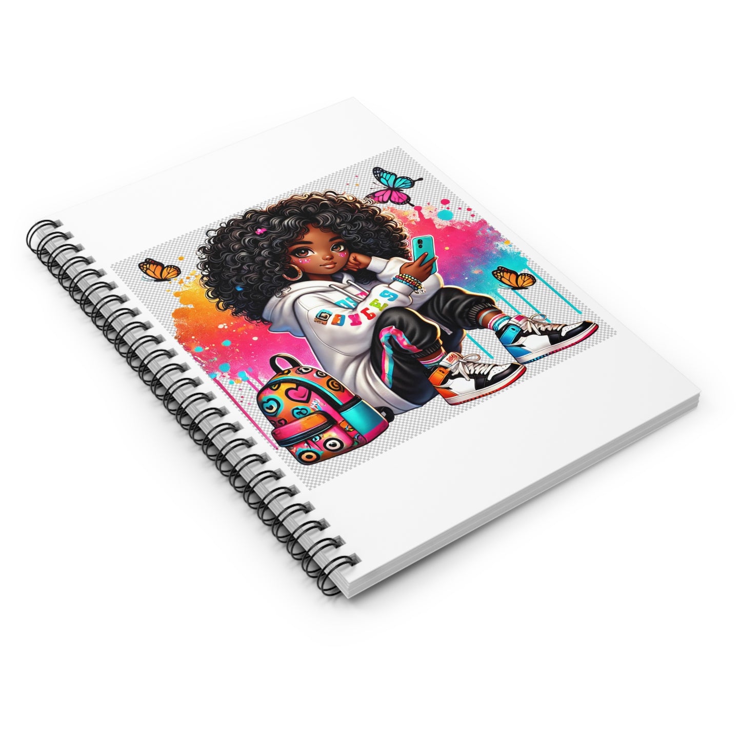 Spiral Notebook — Afro Girl with Butterfly Backpack — Cute Colorful Journal for Teens & Kids