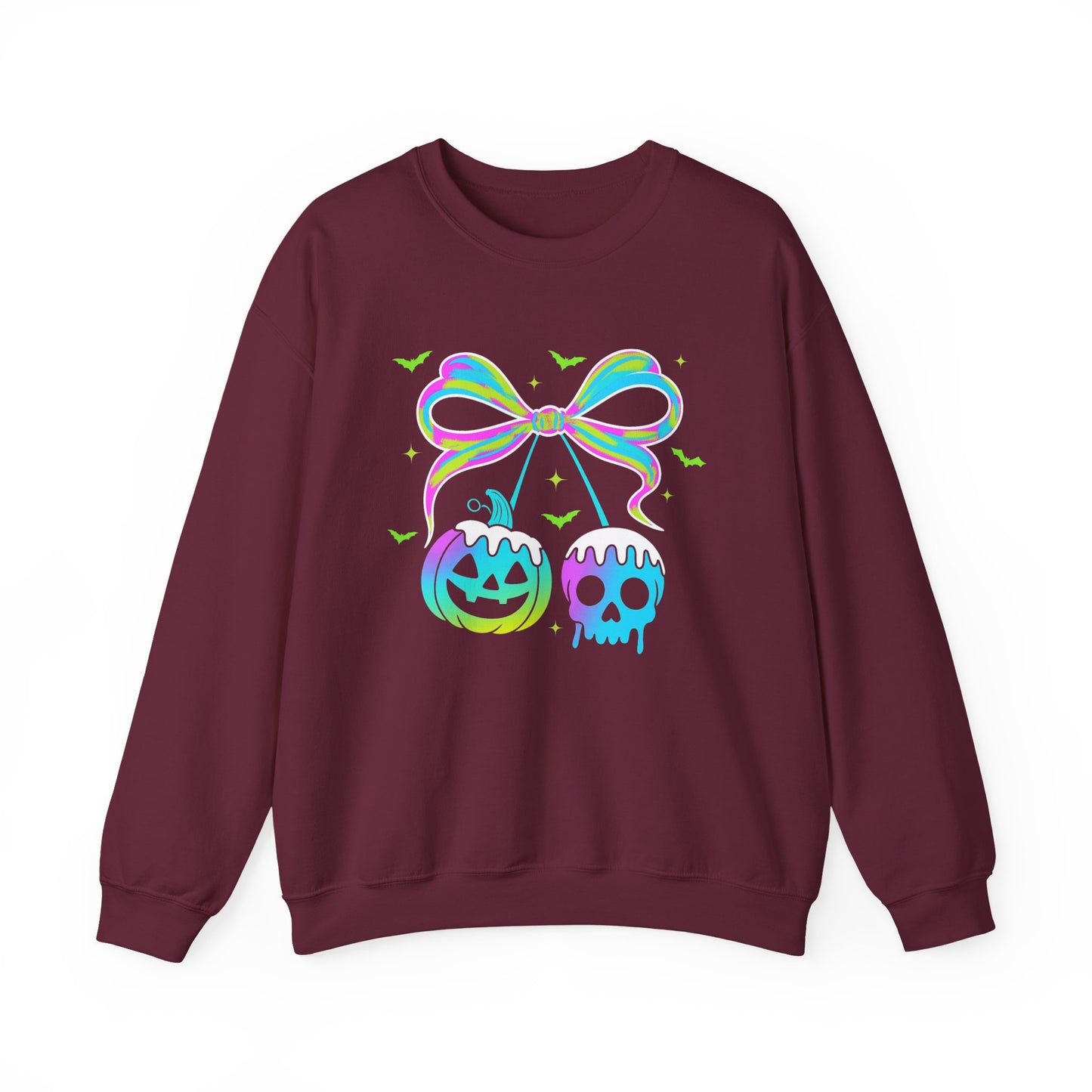 Halloween Candy Bow Sweatshirt — Neon Pumpkin & Skull Graphic- Halloween shirt - halloween sweater - halloween costume - gifts for halloween - halloween shirt