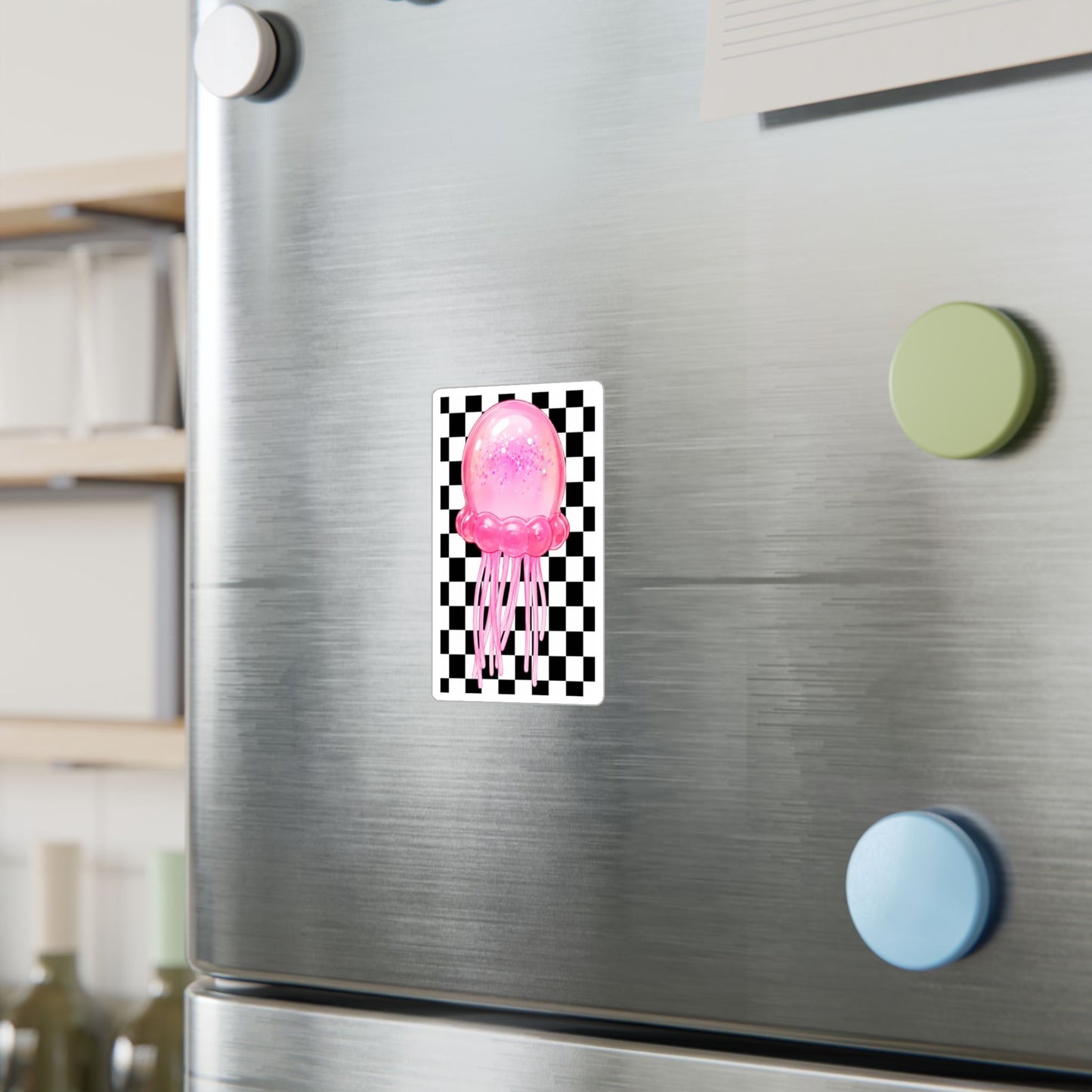 Pink Jellyfish Vinyl Sticker — Glitter Jelly on Black & White Checkered Background (Kiss-Cut Decal) - need stickers - kids squishy sticker