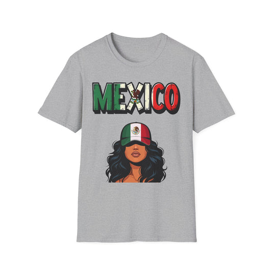 Mexico Flag Graphic T-Shirt — Patriotic Mexican Pride Tee (stylized text & woman with Mexico cap)