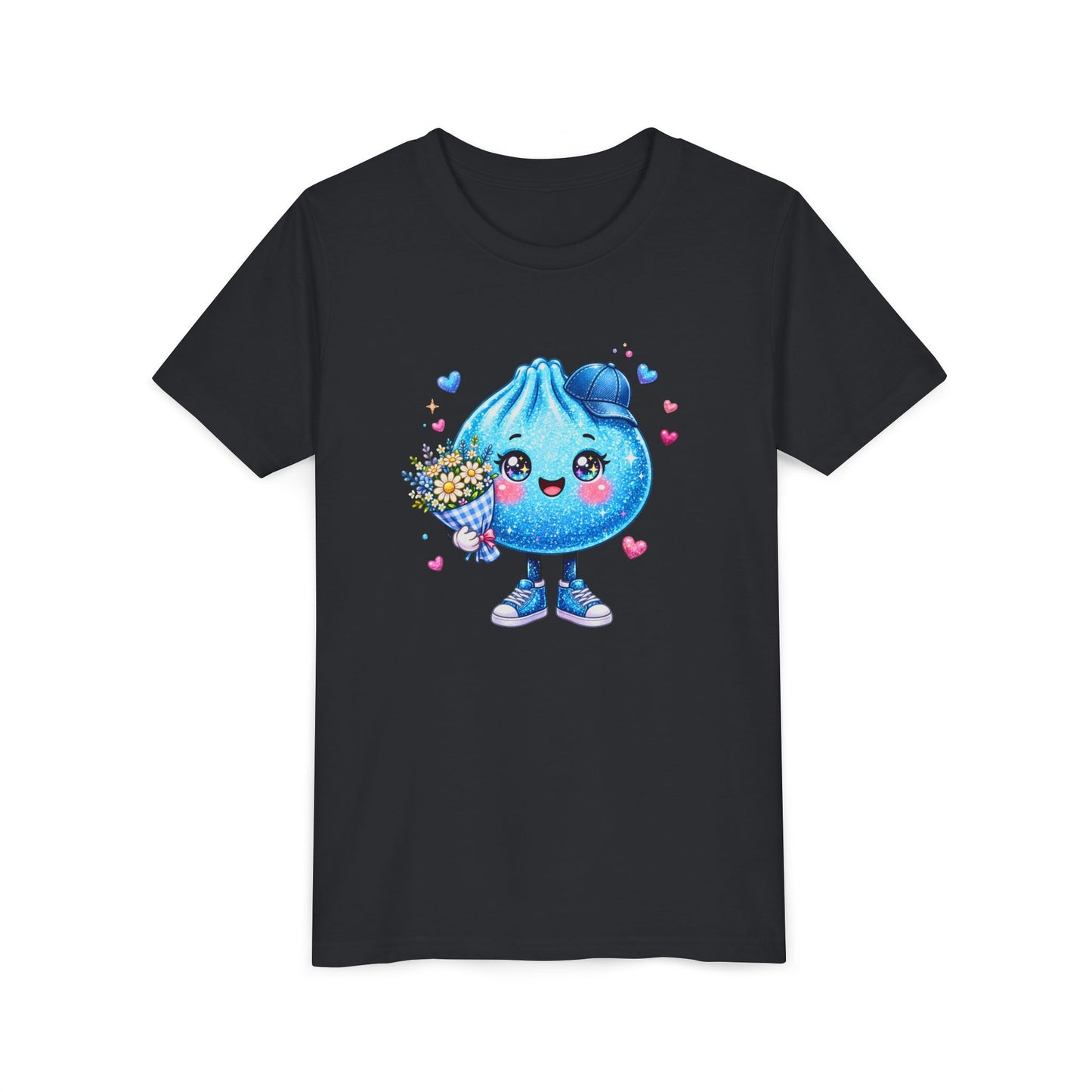 Cute Dumpling Kids Tee - Kawaii Blue Dumpling Holding Flowers Youth Shirt