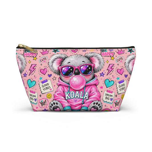 Cute Koala Bubblegum Accessory Pouch — Pink T-Bottom Makeup Bag with 'Koala' Hoodie & Good Vibes Pattern