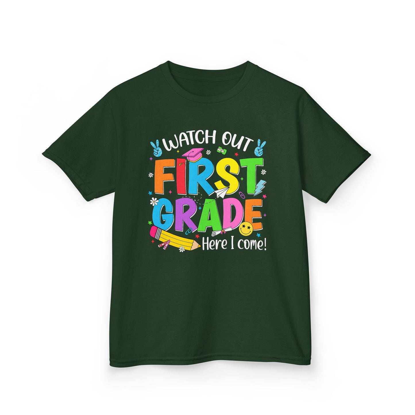 First Grade Kids T‑Shirt — "Watch Out First Grade Here I Come!" Back-to-School Tee