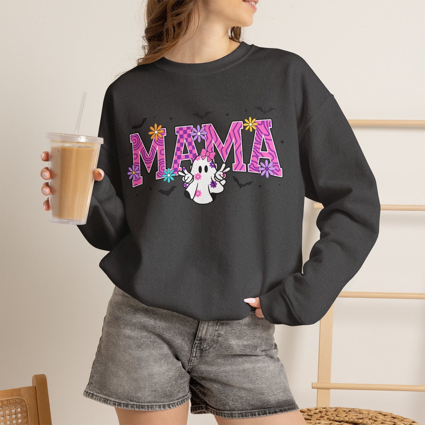 Mama Ghost Crewneck Sweatshirt – Pink Halloween Mom Pullover- Halloween Sweatshirt - Halloween Costume - Mama Sweatshirt - Mama Sweater