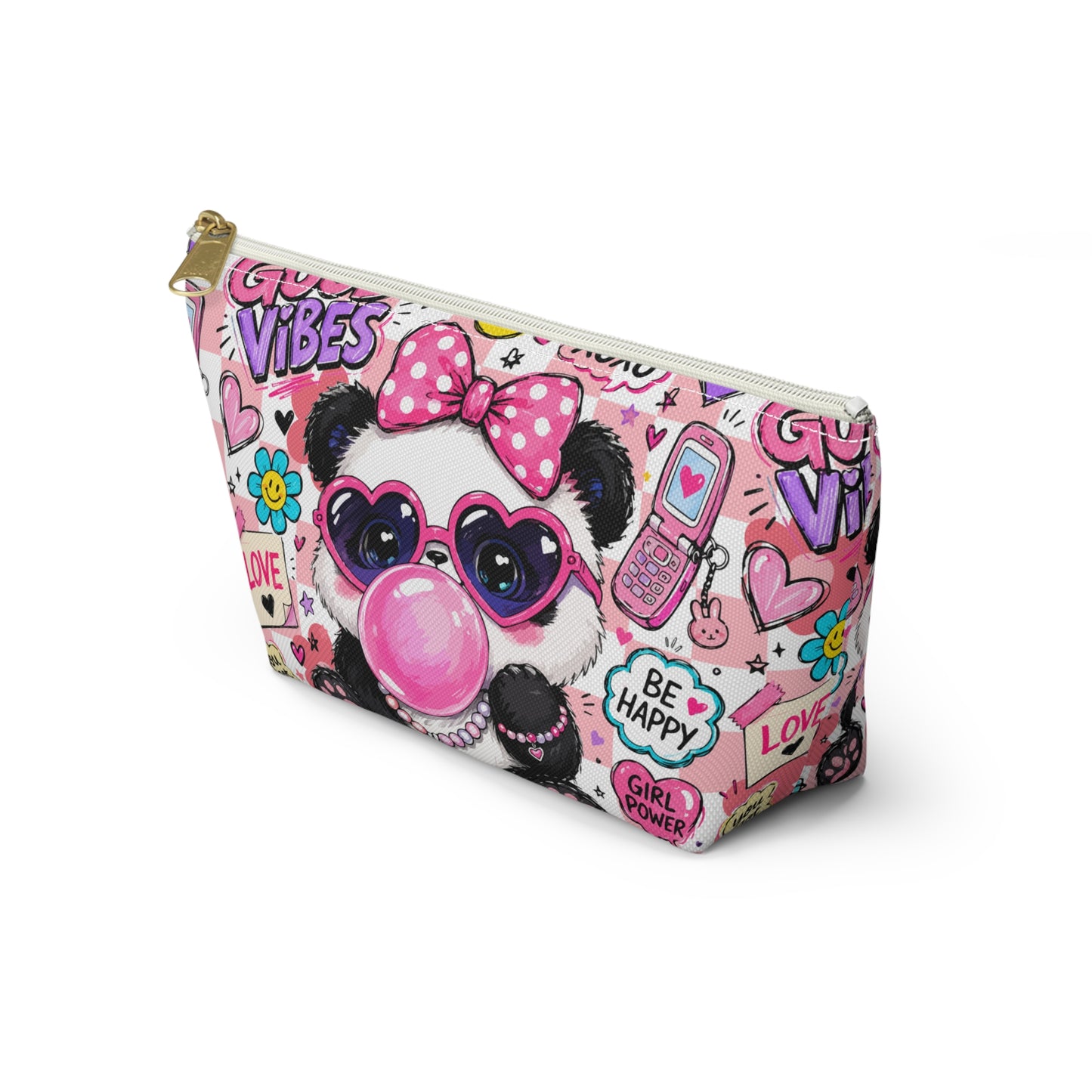 Cute Panda Bubblegum Accessory Pouch — Pink Heart Sunglasses Cosmetic Bag