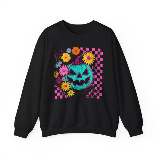 Halloween Pumpkin Crewneck Sweatshirt — Neon Jack-O'-Lantern & Floral Checkerboard - halloween sweatshirt - pumpkin sweatshirt - fall sweater - Halloween Sweater