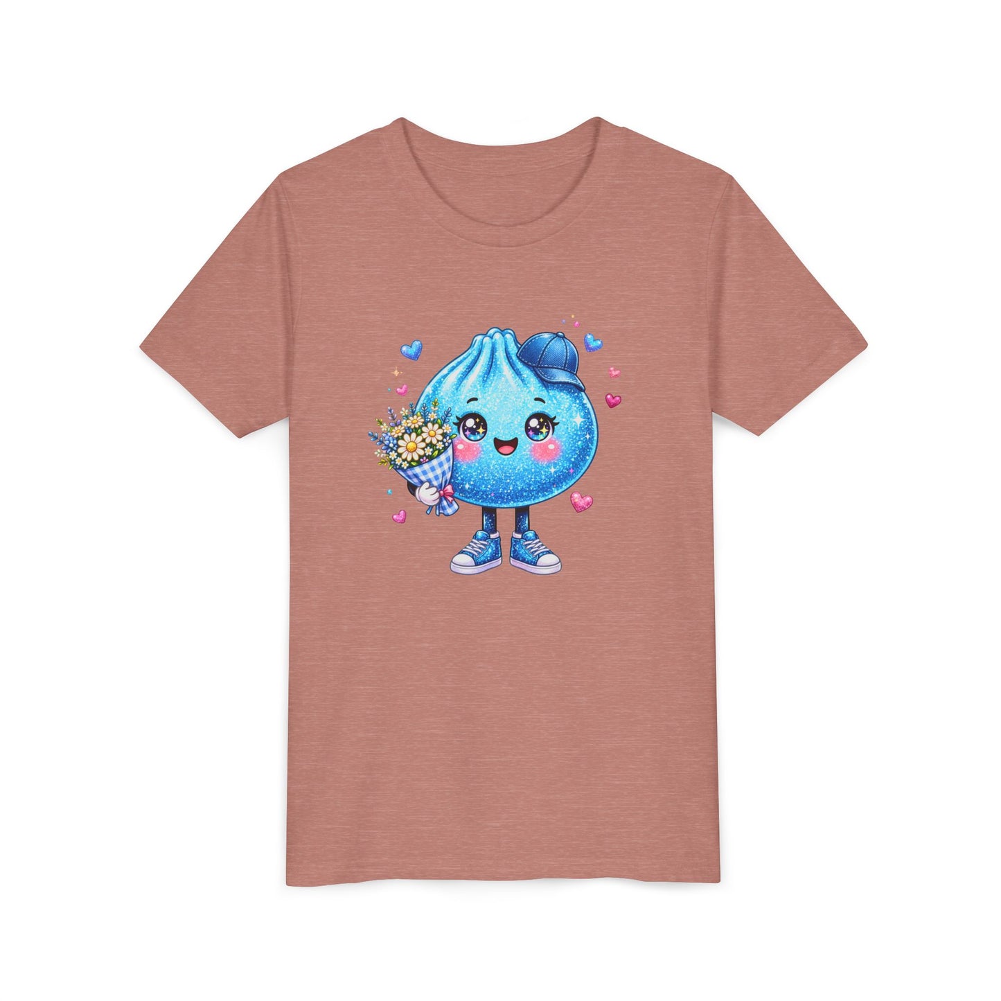Cute Dumpling Kids Tee - Kawaii Blue Dumpling Holding Flowers Youth Shirt