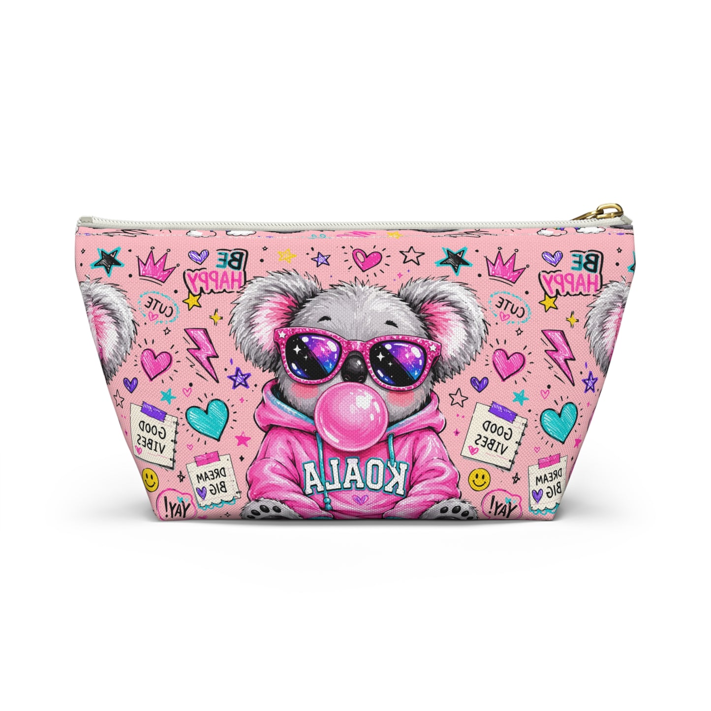 Cute Koala Bubblegum Accessory Pouch — Pink T-Bottom Makeup Bag with 'Koala' Hoodie & Good Vibes Pattern