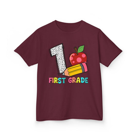 First Grade Kids T‑Shirt — Colorful '1 First Grade' Apple & Pencil Back-to-School Tee