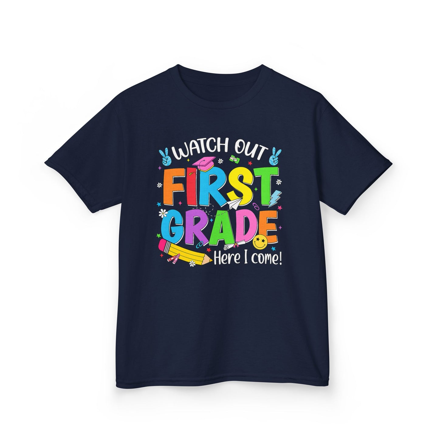 First Grade Kids T‑Shirt — "Watch Out First Grade Here I Come!" Back-to-School Tee